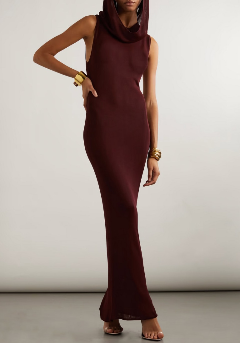 Saint Laurent Hooded Draped Knitted Maxi Dress