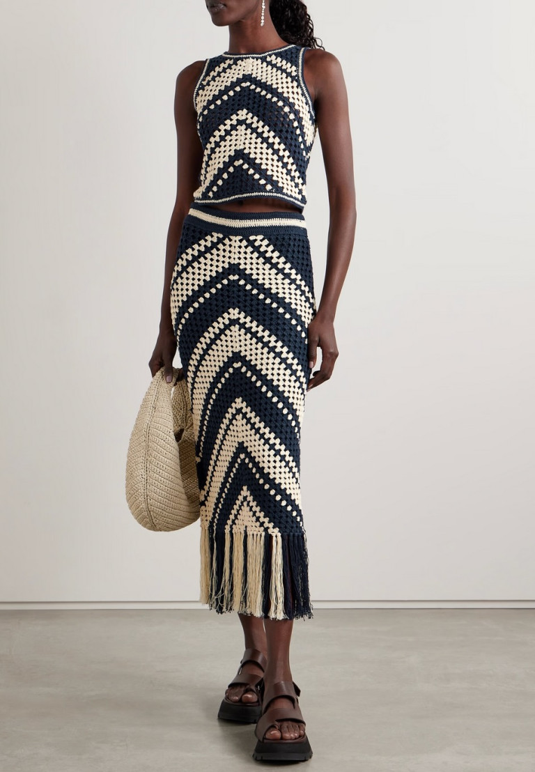 Zimmermann Chintz Fringed Crocheted Cotton Midi Skirt