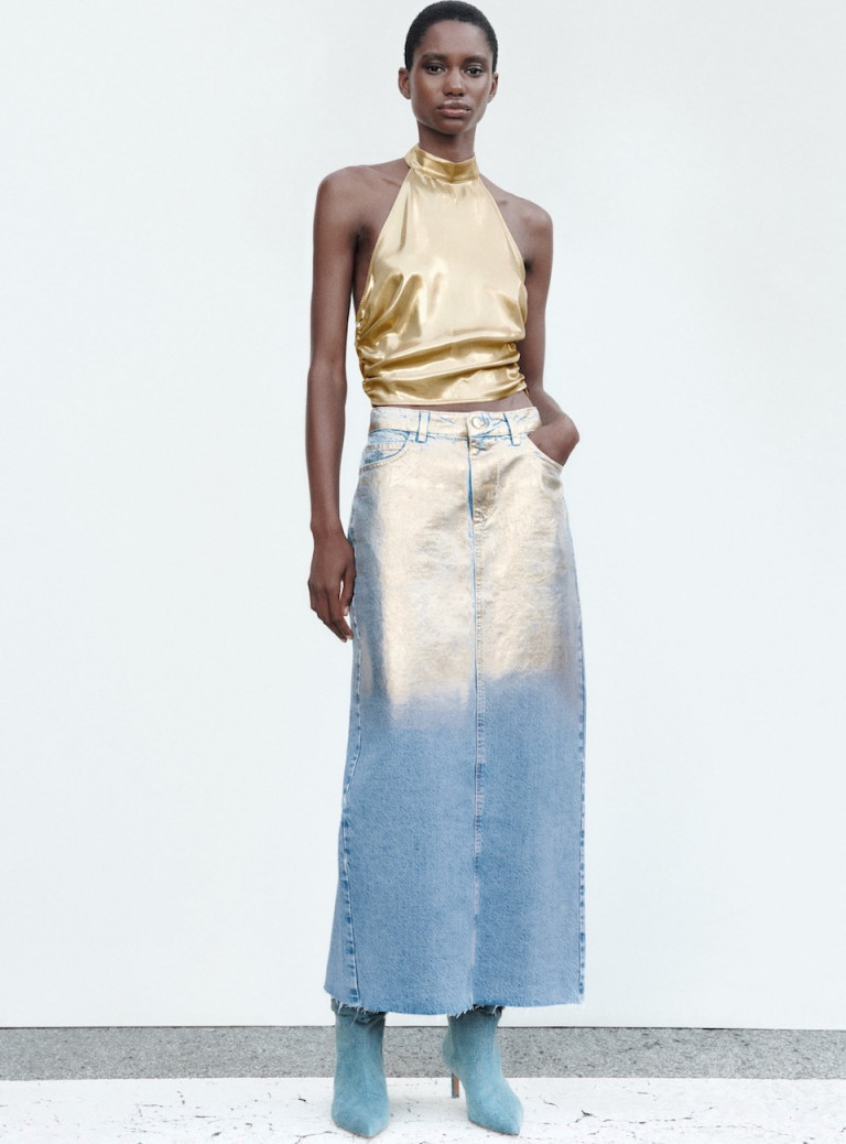 Zara Z1975 Metallic Denim Skirt