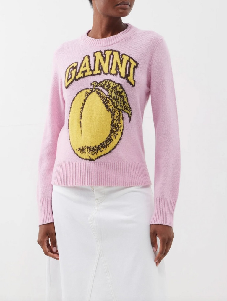 Ganni Peach-Intarsia Wool-Blend Sweater