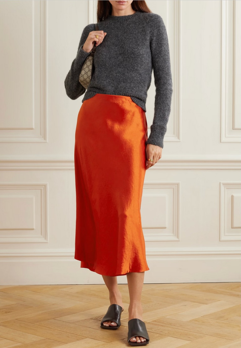 Vince Crinkled-Satin Midi Skirt