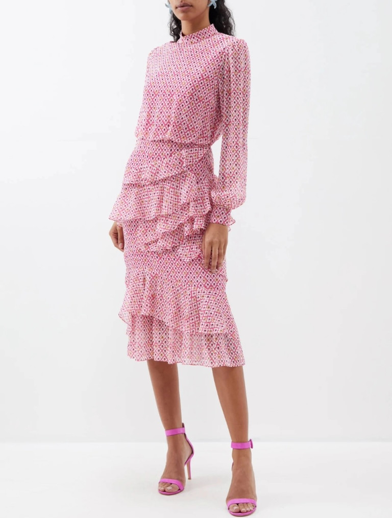 Saloni Isa Floral-Print Ruffled Silk Midi Dress