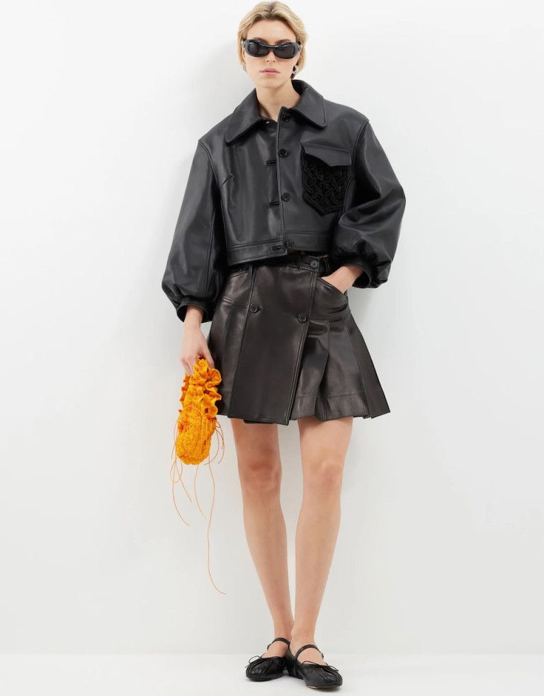 Simone Rocha Macrame-Pocket Cropped Leather Jacket