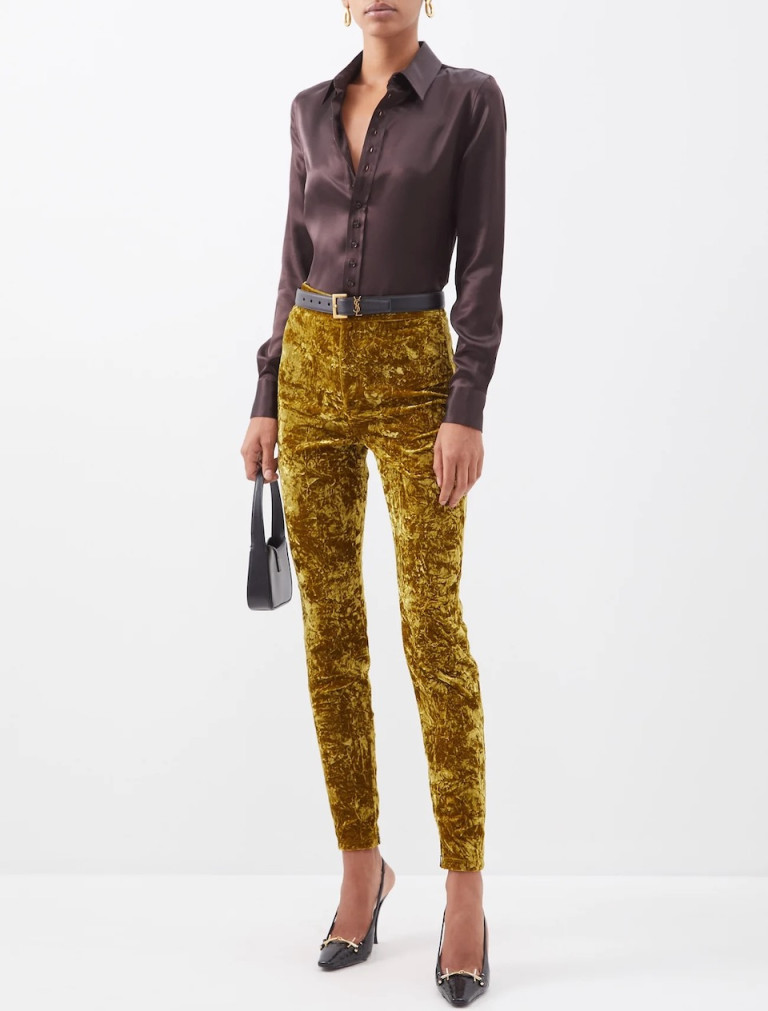 Saint Laurent High-Rise Brushed-Velvet Slim-Leg Leggings