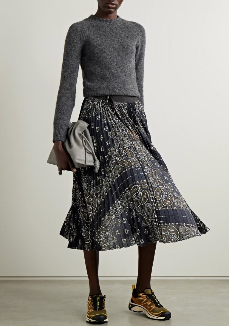 Sacai Belted Pleated Paisley-Print Satin Midi Wrap Skirt