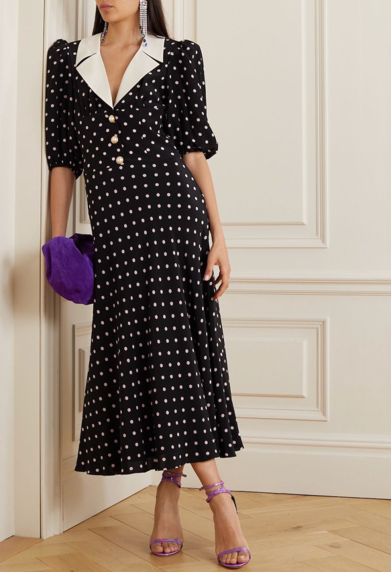 Alessandra Rich Embellished Polka-Dot Silk Crepe de Chine Maxi Dress