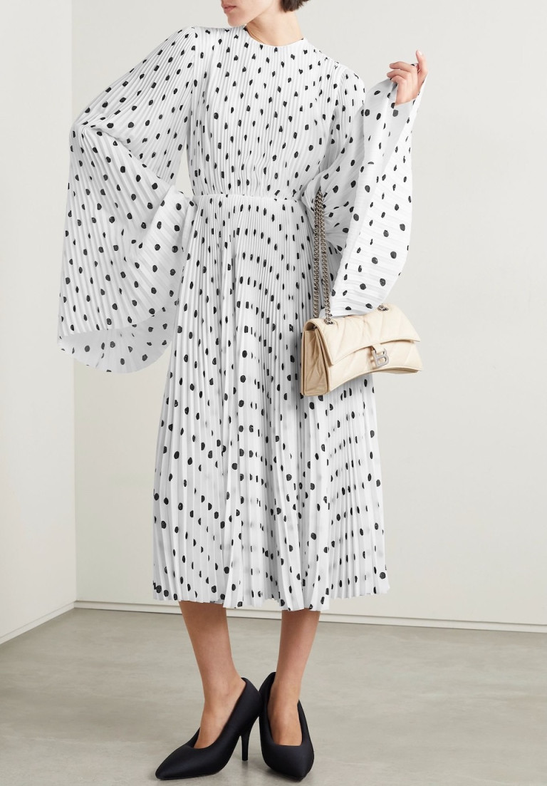Balenciaga Pleated Polka-Dot Crepe Midi Dress