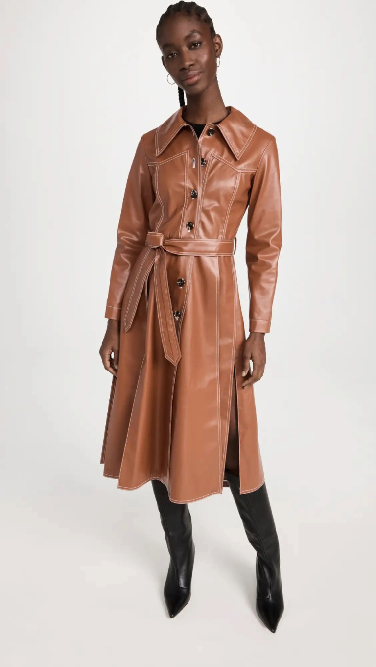 AWAKE MODE Faux Leather Belted Coat With Multi Panels