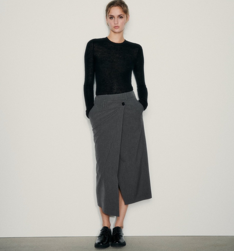 Zara Pinstripe Wrap Front Midi Skirt