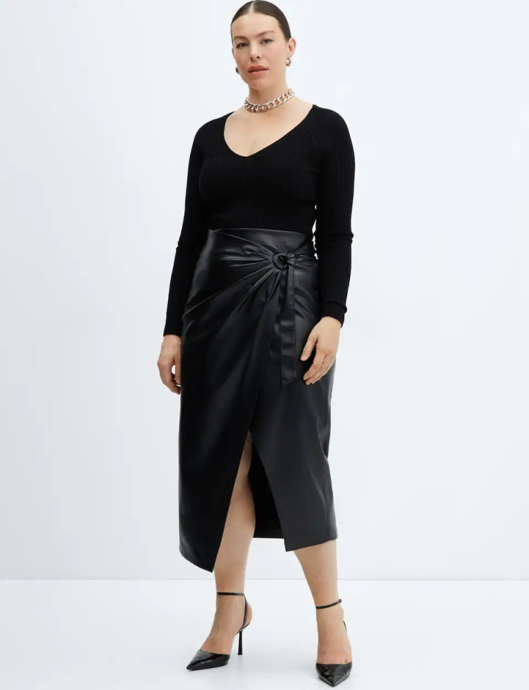 Mango Draped Leather-Effect Midi-Skirt