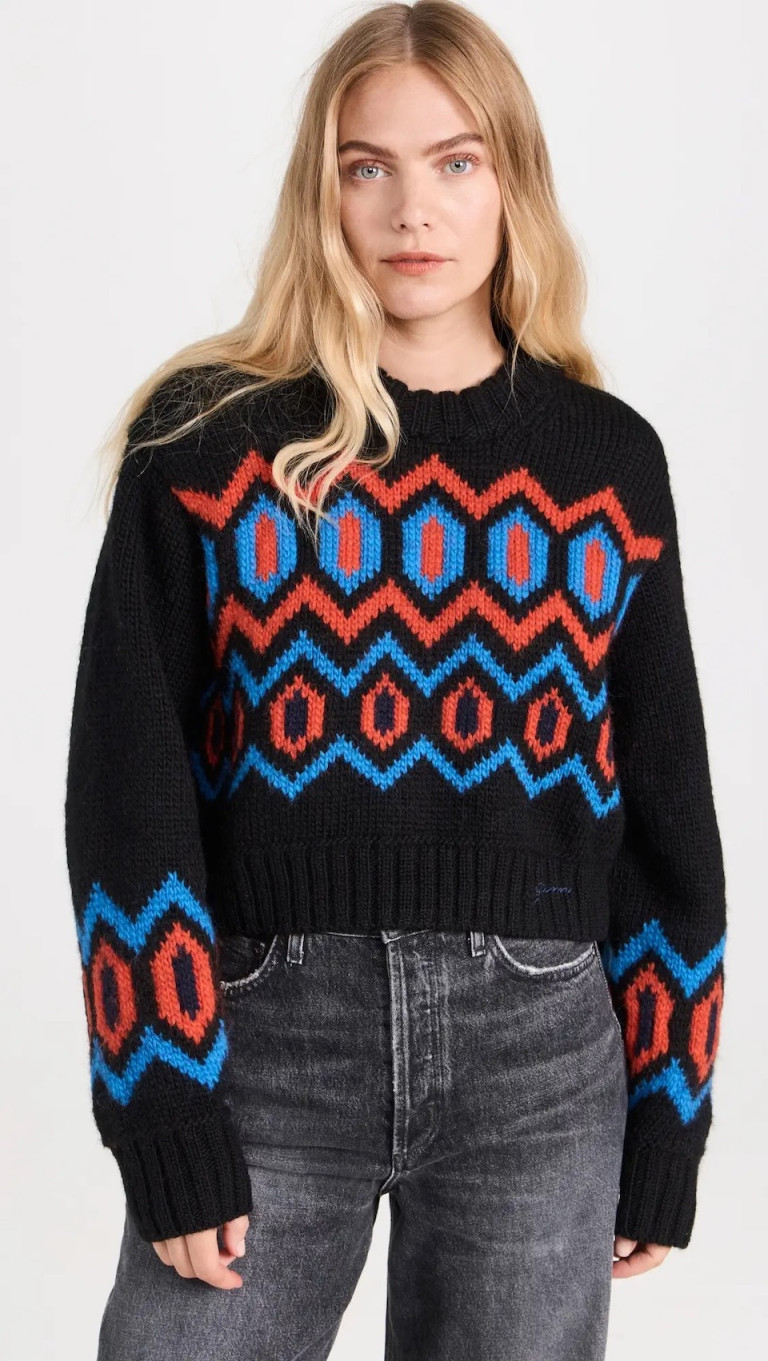 Ganni Chunky Graphic Wool Cropped Sweater