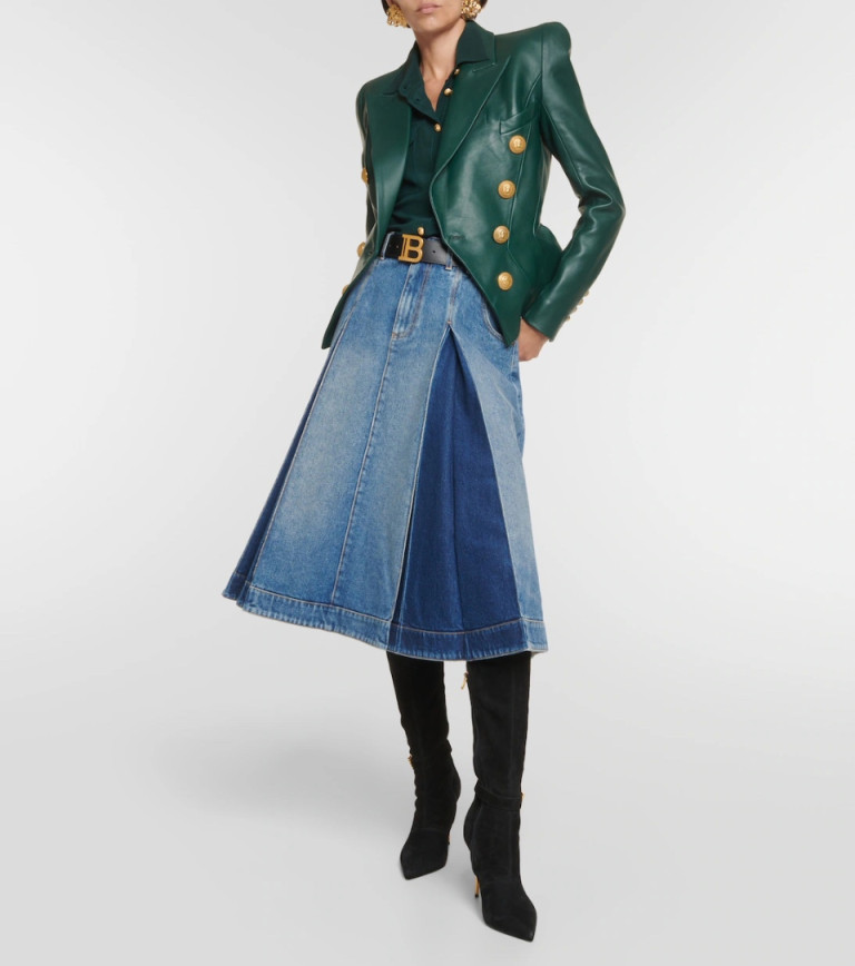 Balmain Pleated A-Line Denim Midi Skirt