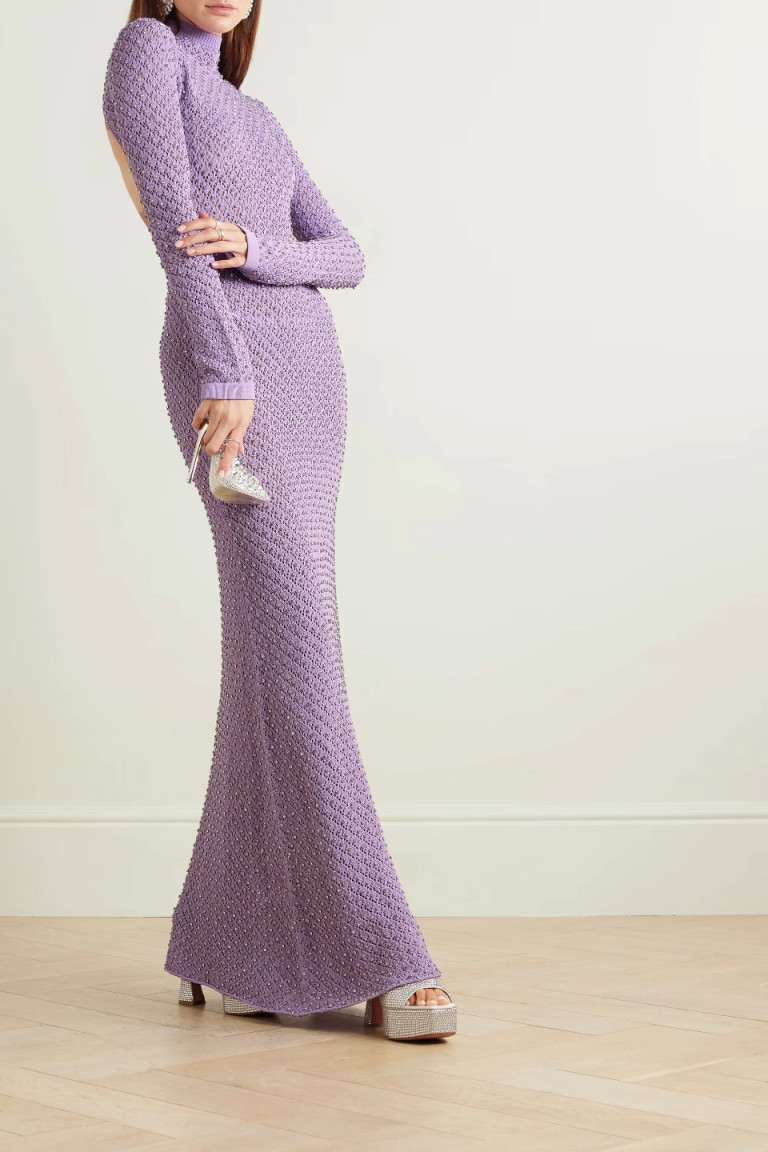 David Koma Open-Back Crystal-Embellished Pointelle-Knit Maxi Dress