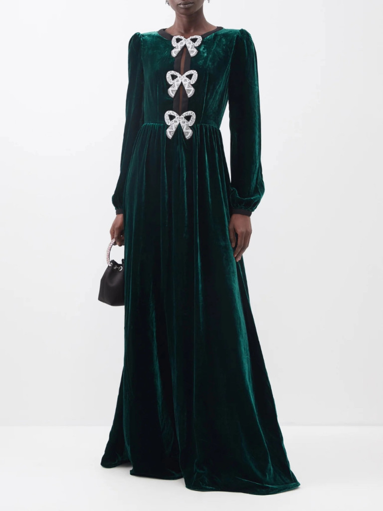 Saloni Camille Crystal-Bow Velvet Gown