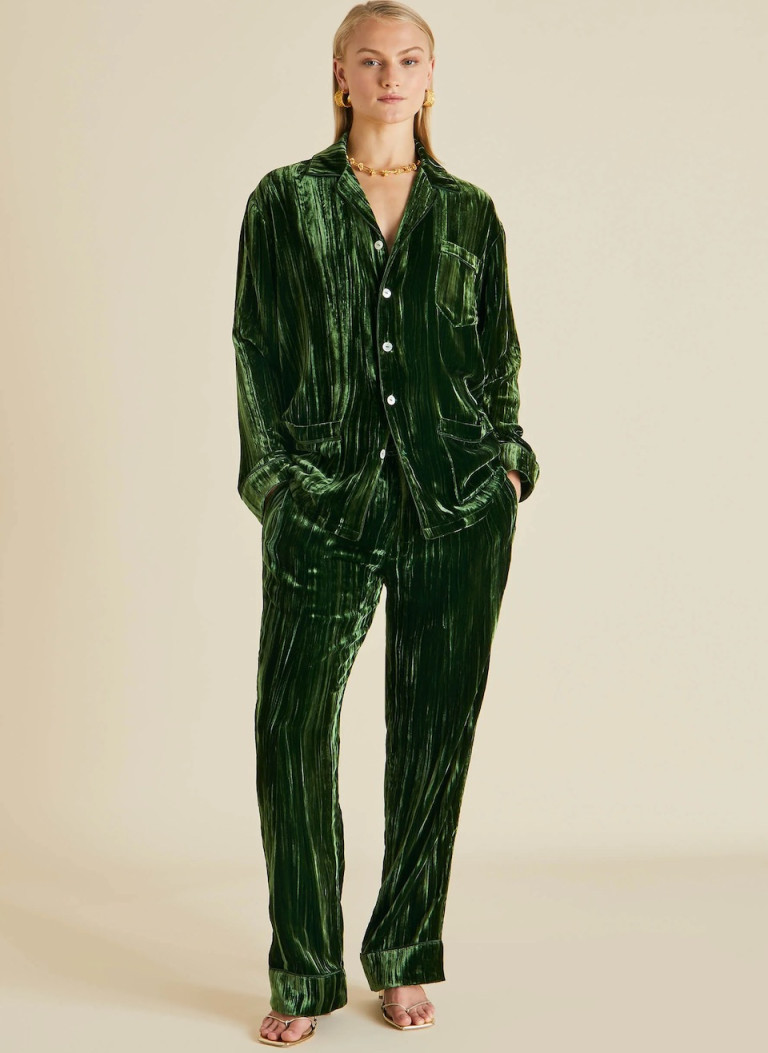 Olivia von Halle Yves Emerald Green Silk Velvet Pajamas