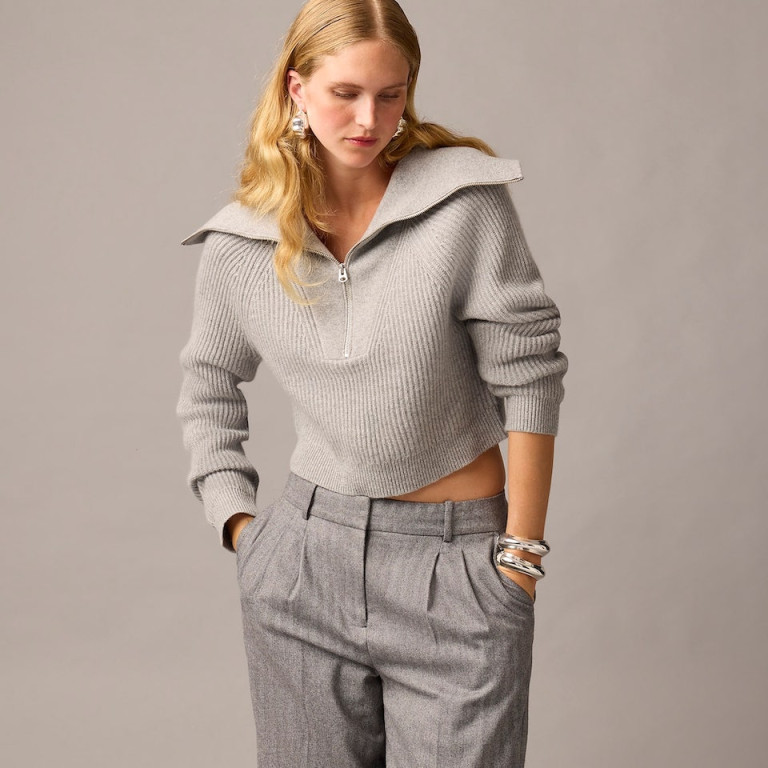 JCrew Collection Cashmere Cropped Wide-Collar Half-Zip Sweater