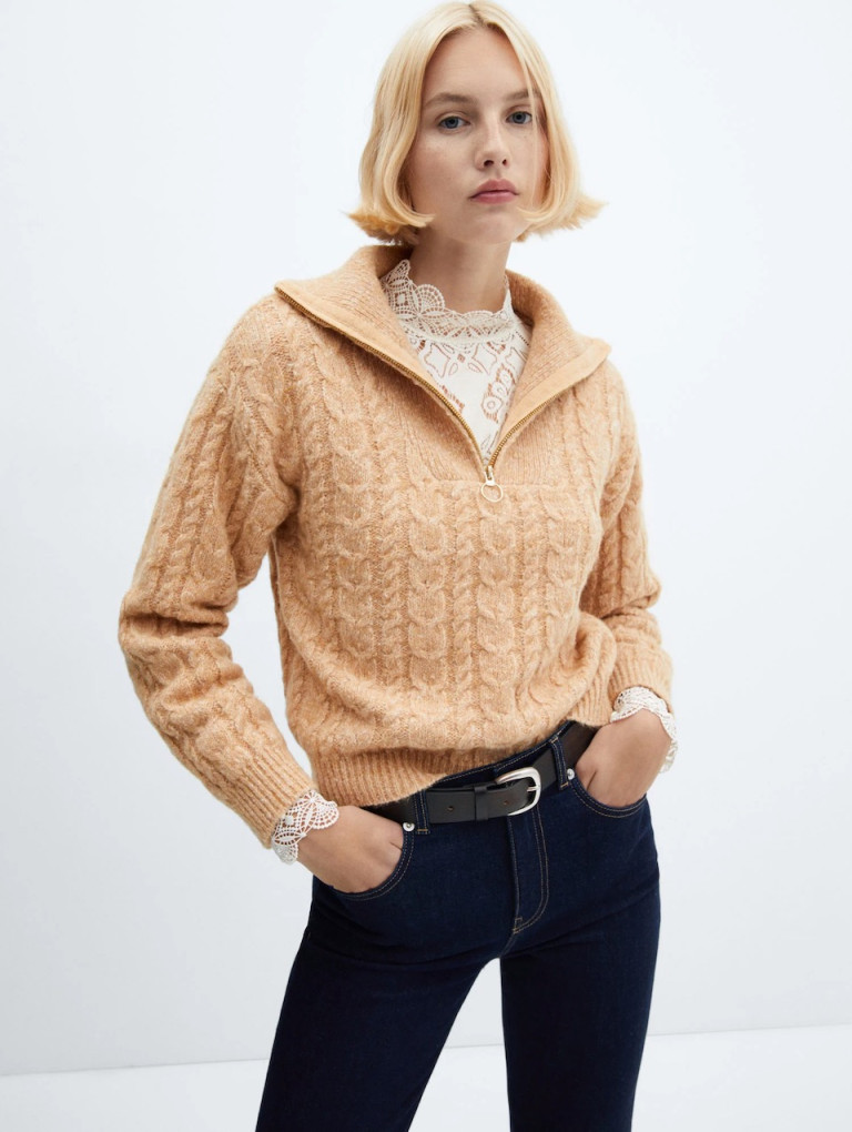 Mango Cable-Knit Zip-Neck Sweater