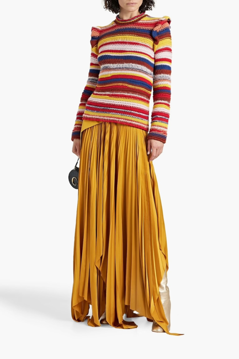 Chloe Ruffled Striped Cashmere-Blend Sweater