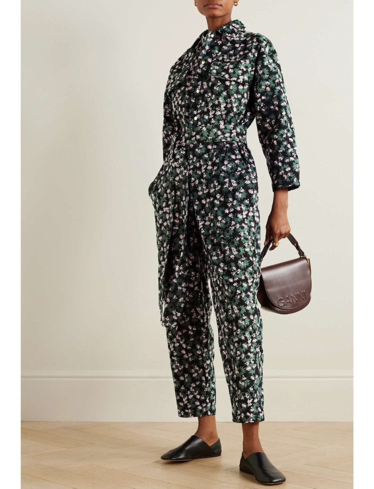 Yvonne S Belted Floral-Print Cotton-Corduroy Jumpsuit