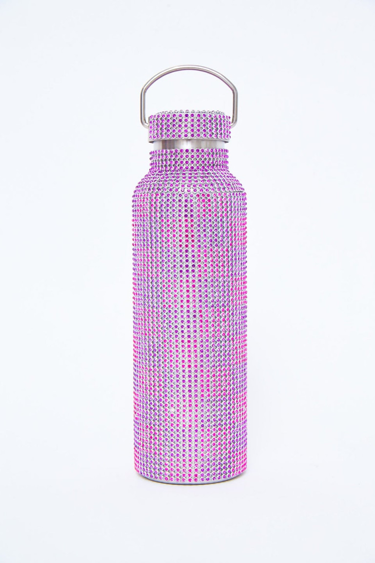 Collina Strada Purple Pink Check Rhinestone Water Bottle