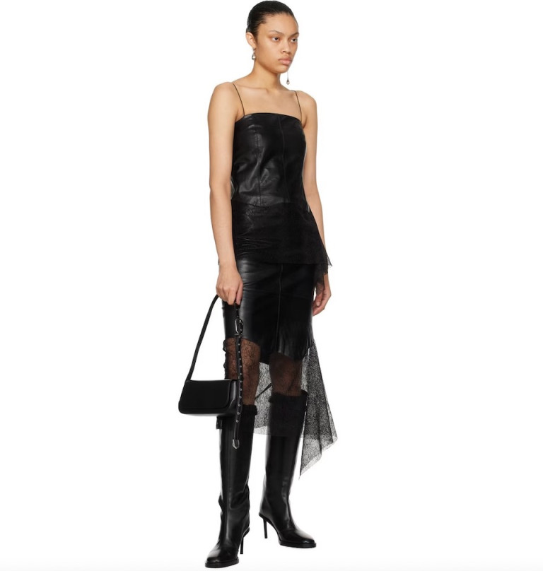 Helmut Lang Black Paneled Leather Midi Skirt