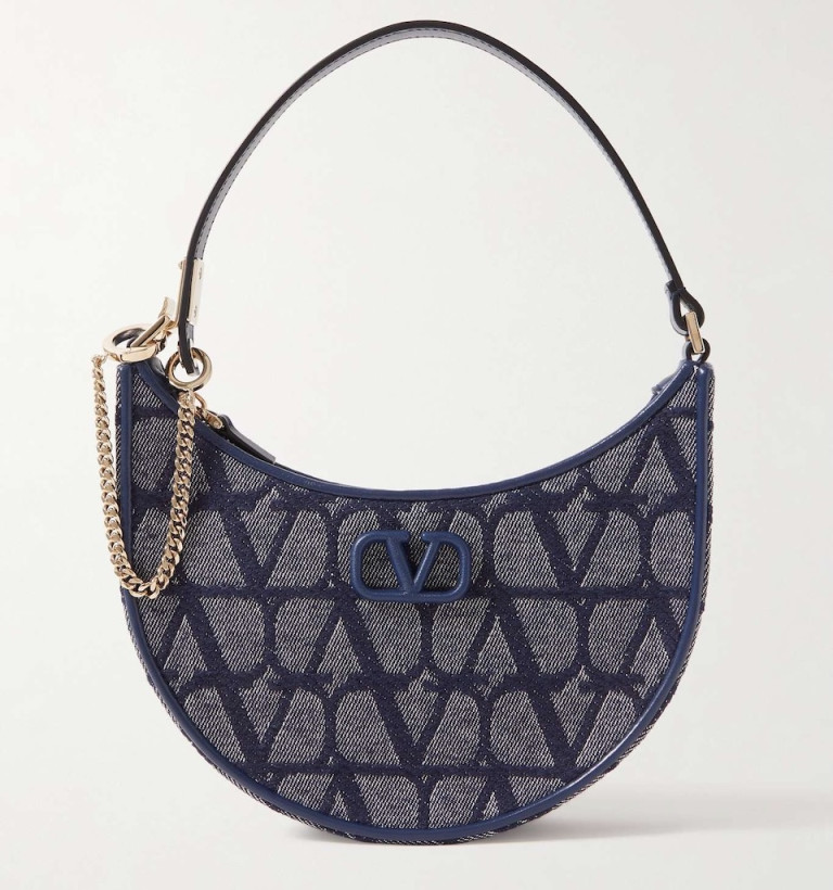 Valentino Garavani VLOGO Mini Leather-Trimmed Denim-Jacquard Shoulder Bag