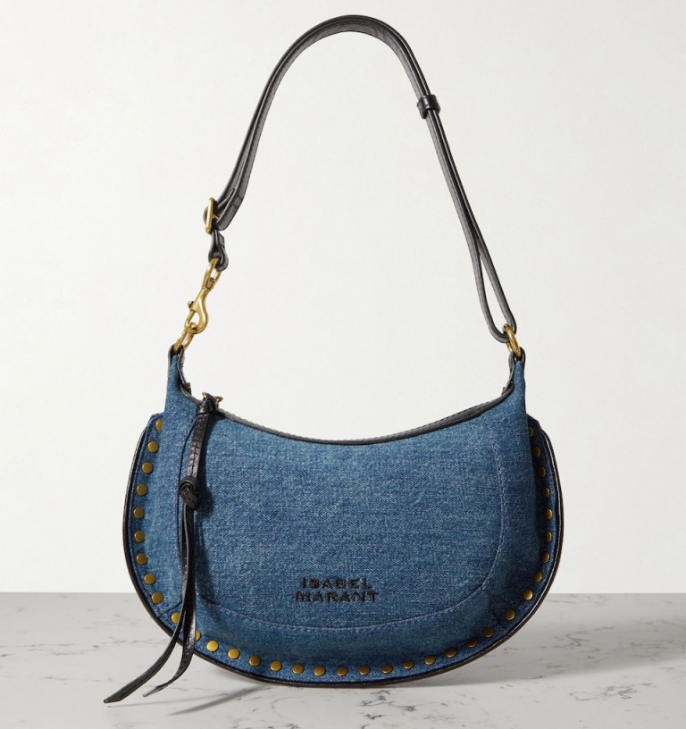 Isabel Marant Oskan Moon Leather-Trimmed Studded Denim Shoulder Bag