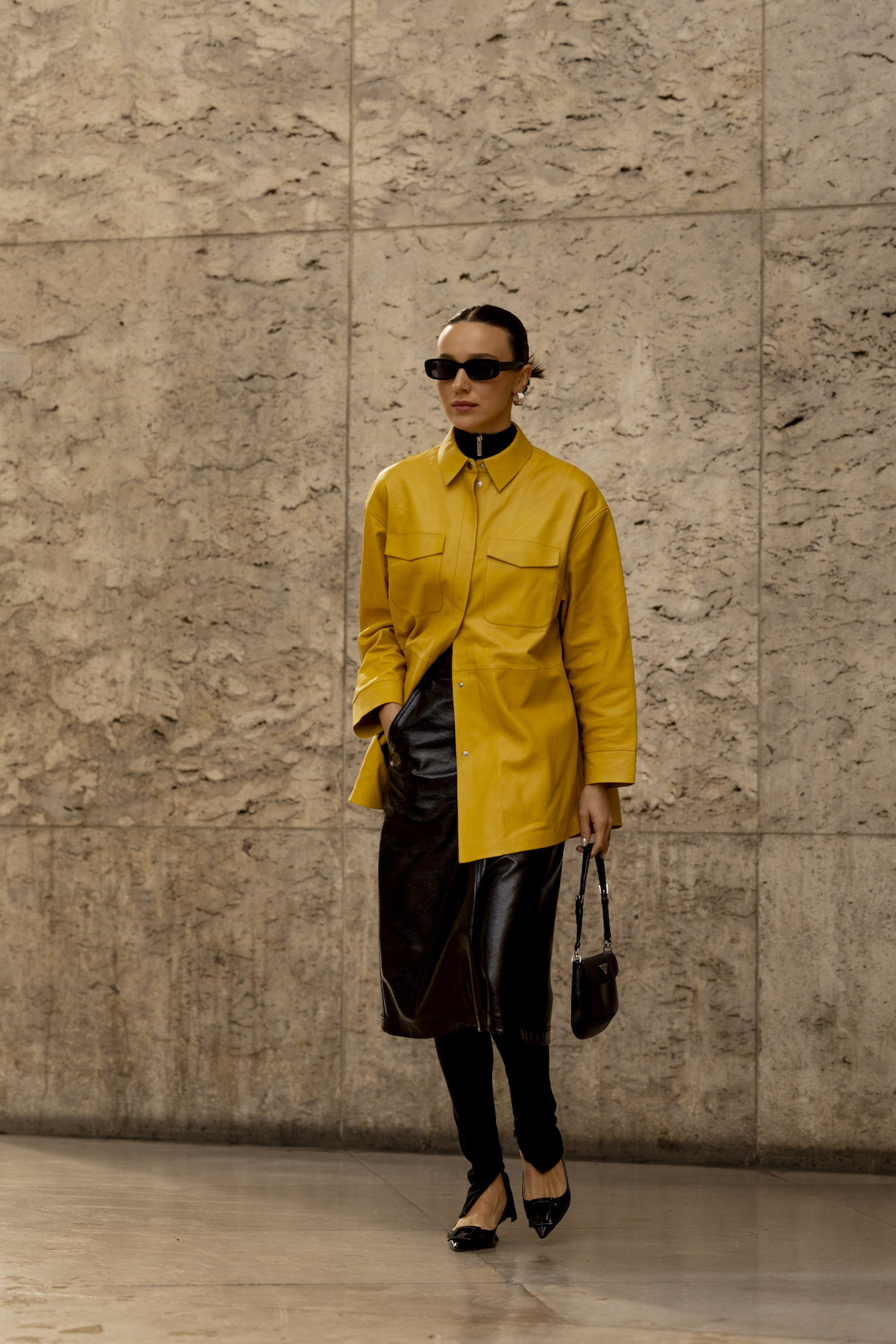 Mustard leather skirt outfit best sale