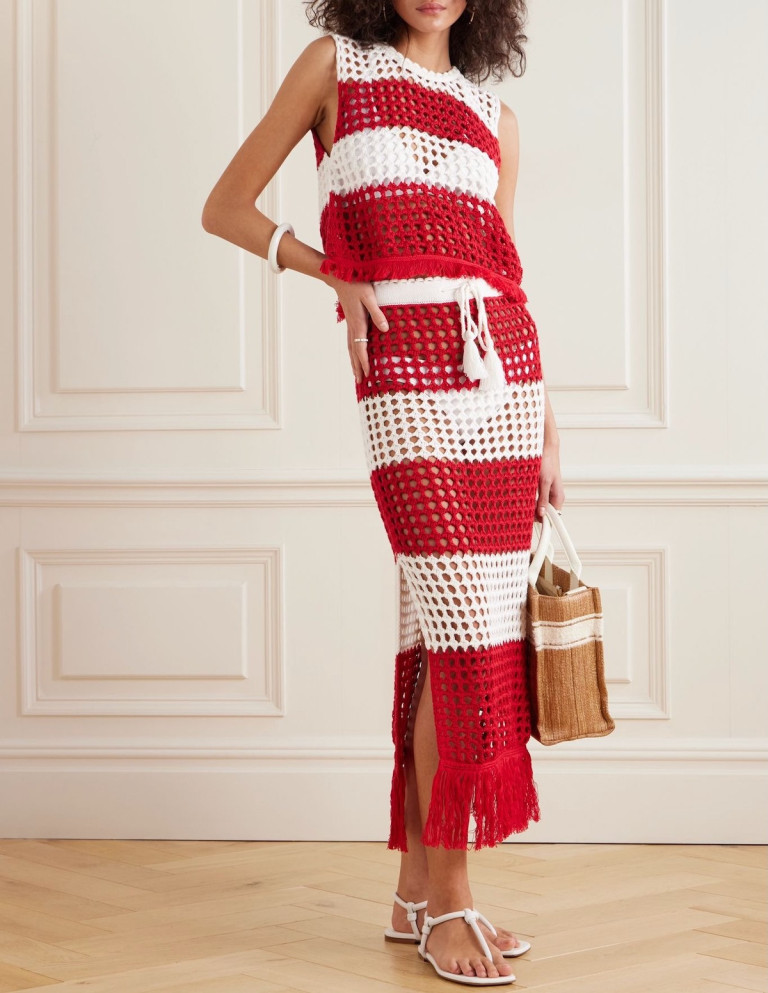 FARM Rio Fringed Striped Crocheted Cotton Midi Skirt