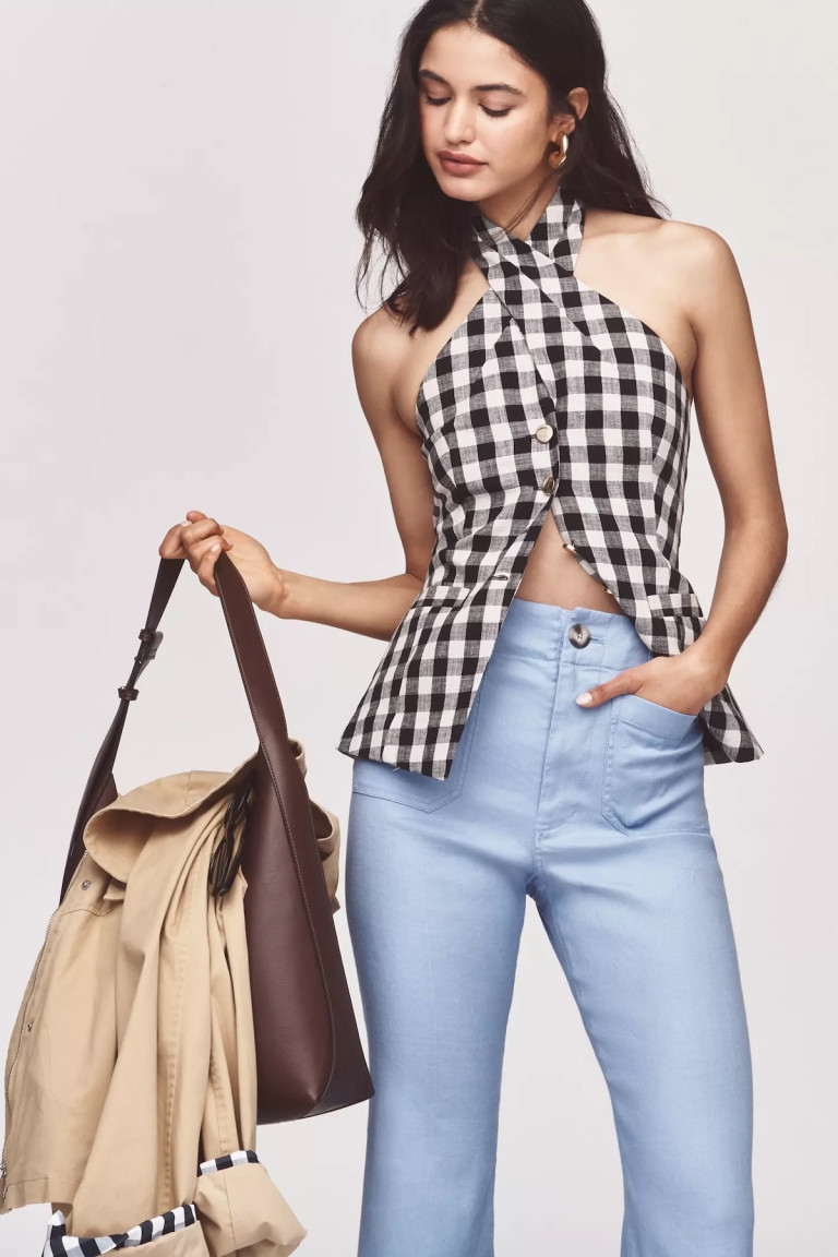 Maeve Linen Blend Gingham Halter Top