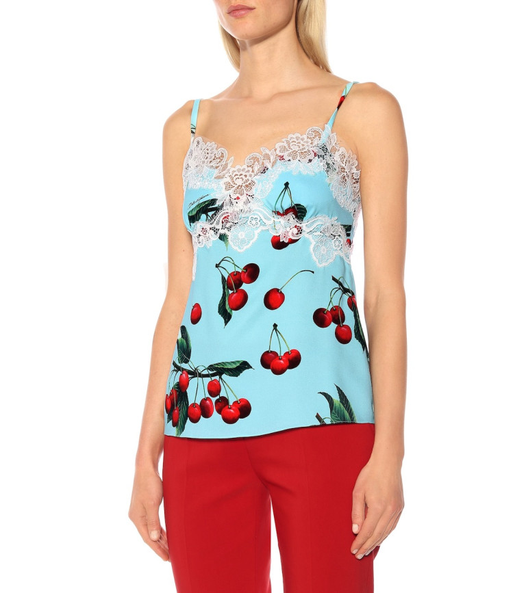 Dolce Gabbana Cherry Printed Silk and Lace Camisole