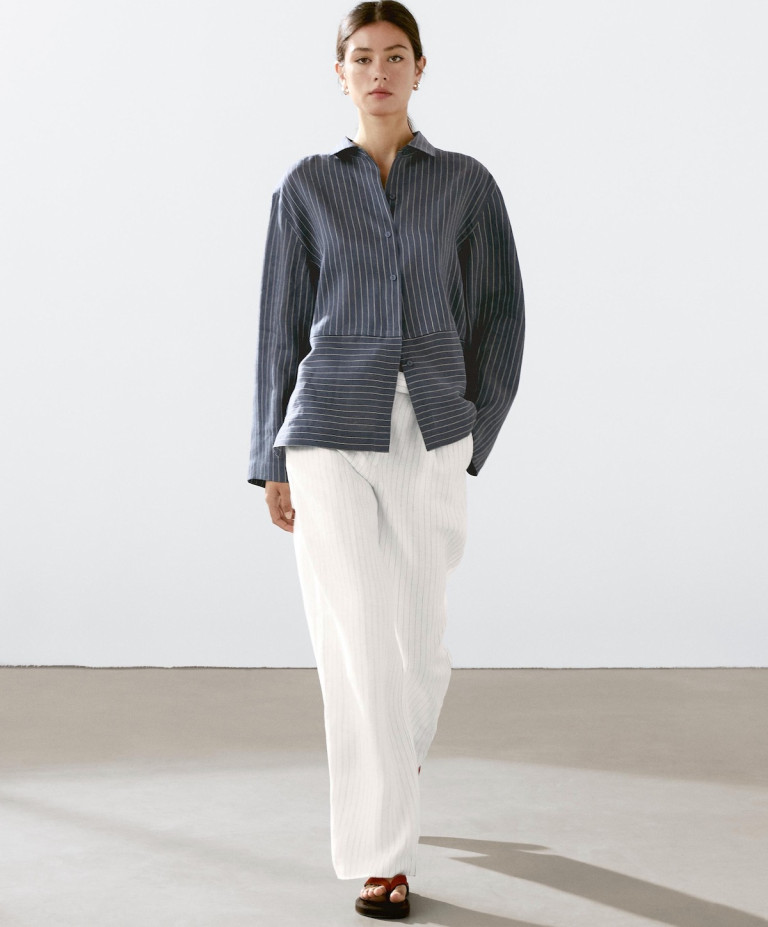 Massimo Dutti Linen Striped Trousers With Buckle Detail