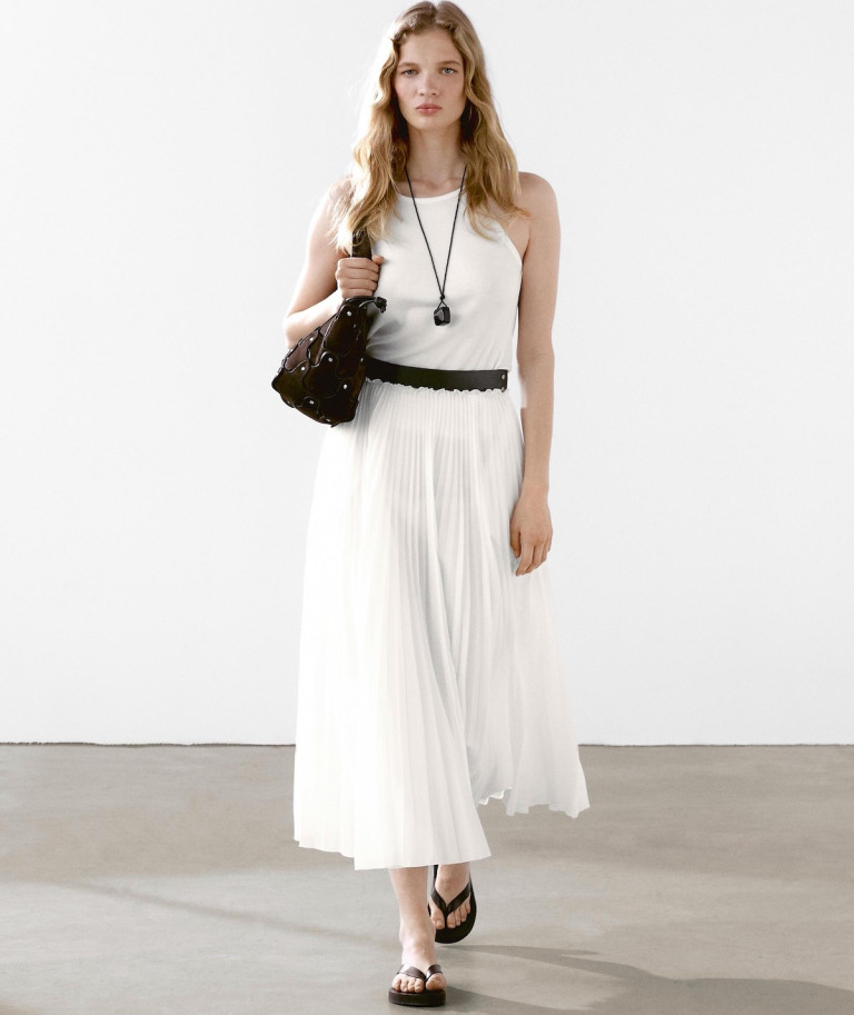 Massimo Dutti Pleated Skirt With Leather Detail