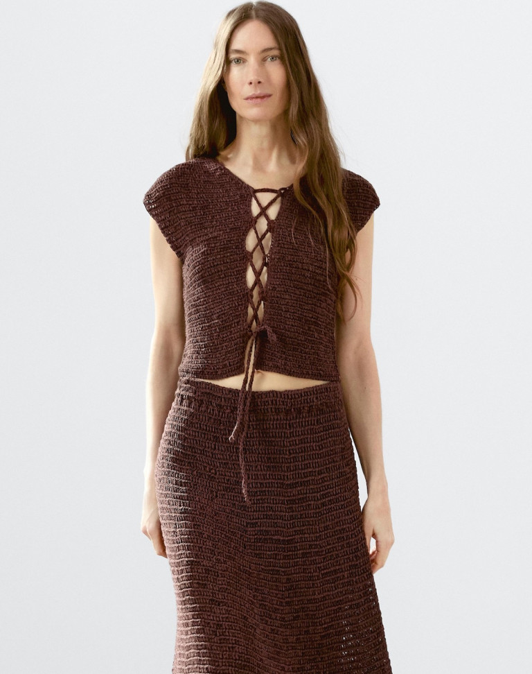 Massimo Dutti Cotton Blend Crochet Waistcoat With Tie Detail