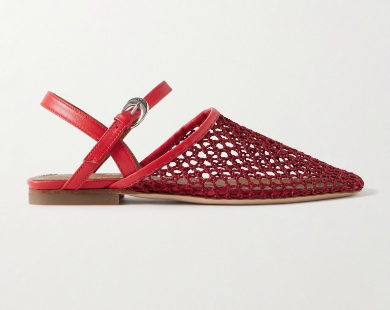 Staud Rete Leather-Trimmed Crocheted Slingback Flats