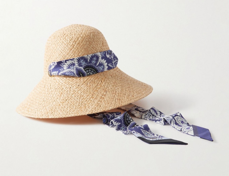 Etro Floral-Print Silk-Satin Trimmed Raffia Sunhat