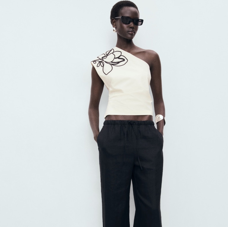 Mango Asymmetrical Flower-Embroidered Top