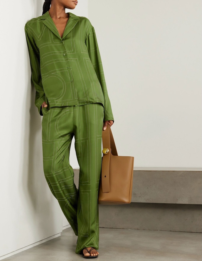 TOTEME Embroidered Silk-Twill Wide-Leg Pants