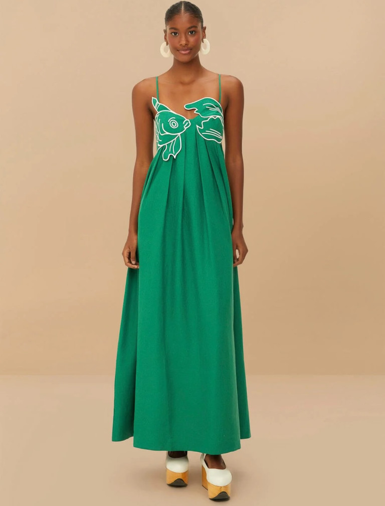 FARM Rio Green Fish Top Lenzing Ecovero Euroflax Maxi Dress