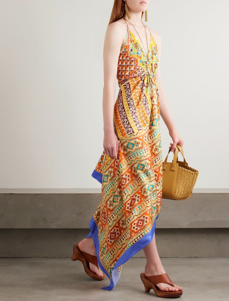 Etro Asymmetric Floral-Print Silk-Twill Halterneck Dress
