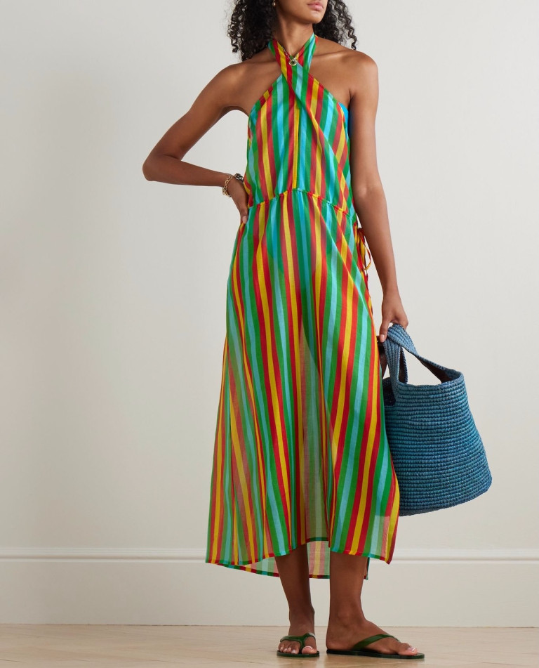 Lido Striped Cotton and Silk-Blend Halterneck Midi Dress