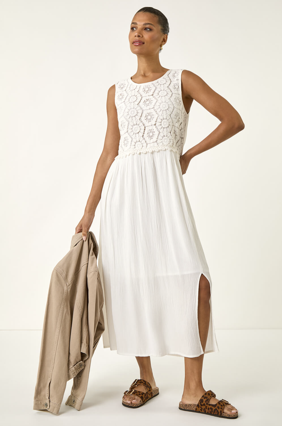White Crochet Bodice Midi Dress